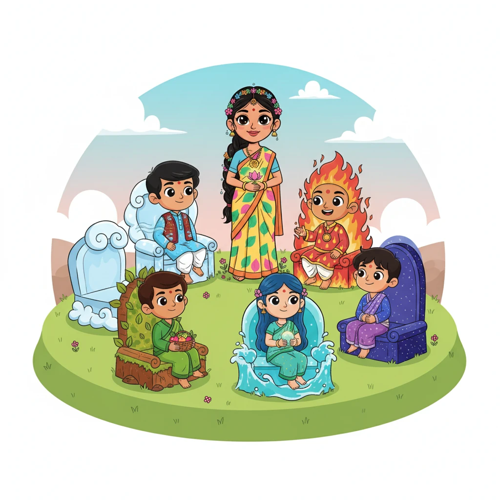 अब पाँचों बच्चे अपने-अपने राज्यों और सिंहासनों पर गर्व से बैठे हैं, सभी एक पूर्ण चक्र में सामंजस्य स्थापित किए हुए हैं। प्रकृति माँ उन्हें आनंदित होकर मुस्कराती हुई देख रही हैं, उनका चेहरा संतुष्टि से चमक रहा है। यही है पंचतत्व का गहरा रहस्य - जब सब कुछ संतुलन में होता है, तो स्वास्थ्य आता है, और असंतुलन ही रोग को जन्म देता है।