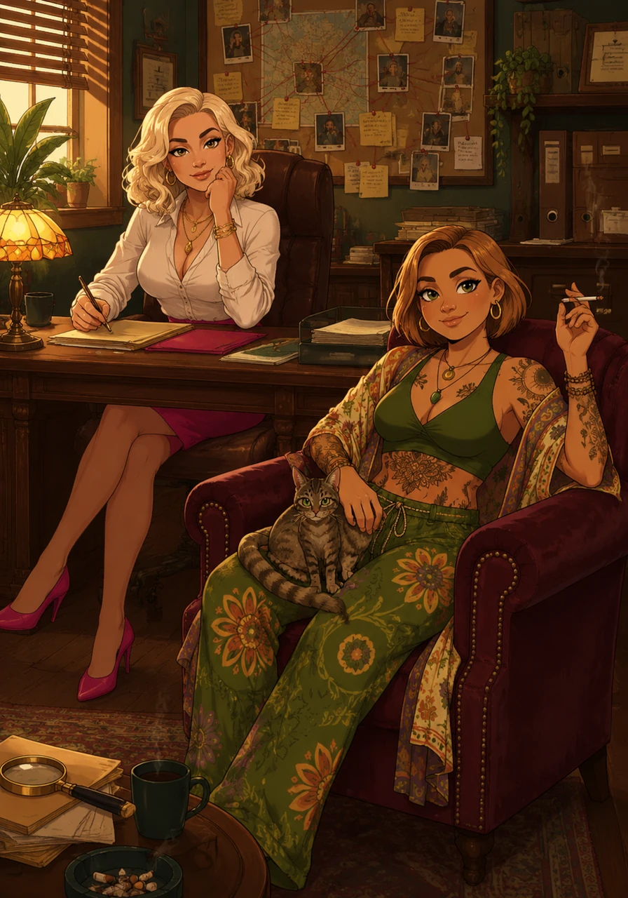 Colette sits at her mahogany desk in the detective firm, her platinum blonde hair teased into wavy shoulder-length curls, wearing a vibrant hot pink pencil skirt and heels. Beside her, Dianna, with her dark blonde bob and tattoos, leans back in a velvet chair, smoking casually while petting Monkey, the two-year-old tabby cat with striking green hazel eyes. The office is cozy, cluttered with files and evidence, reflecting their successful career as private investigators.