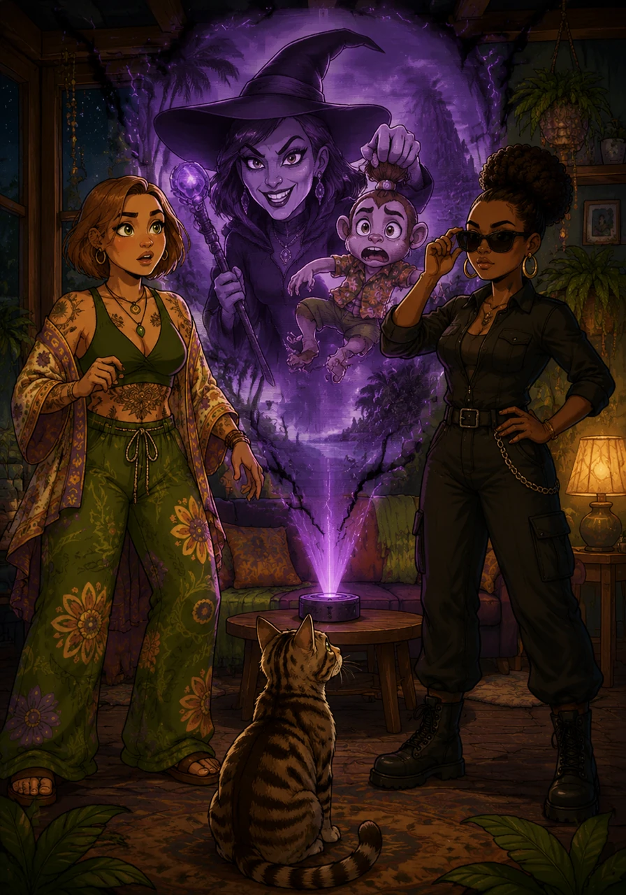 A sudden, dark crackle of energy fills the room, projecting a holographic image of the evil witch holding a struggling Momo captive. The witch cackles menacingly, threatening to bring Momo back to his home of Man Bun Island to hack off his signature man bun. Colette stands up, her brown eyes wide with concern, while Dianna stands tall, adjusting her sunglasses with a look of pure determination.