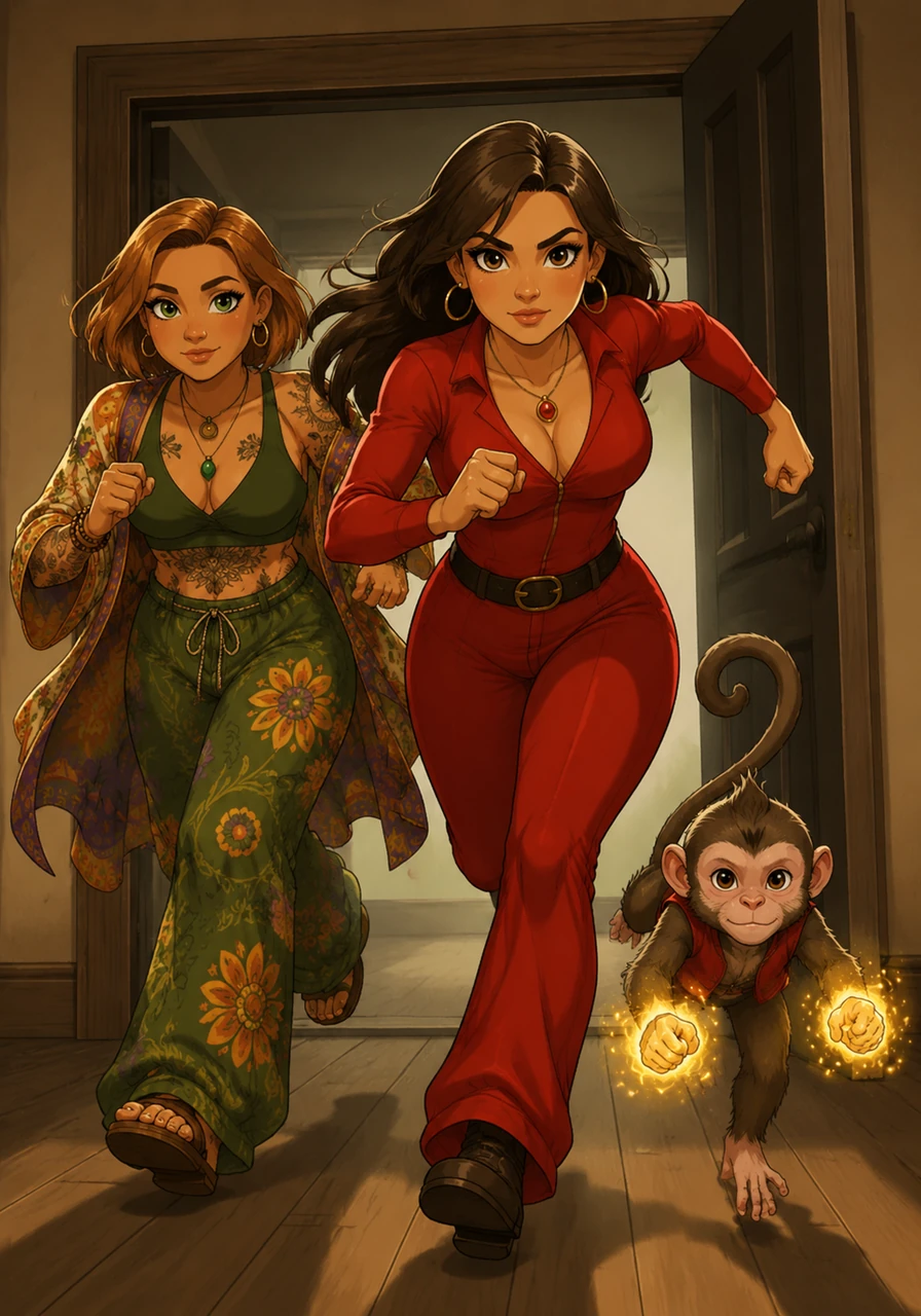 The trio prepares for their mission, with Colette changing into a sleek red outfit that highlights her curvy figure and Dianna donning a loose, flowy hippie-style ensemble. Monkey is ready for action, his paws glowing with faint, shimmering supernatural energy. They rush out the door, ready to track down the witch before she can harm Momo.