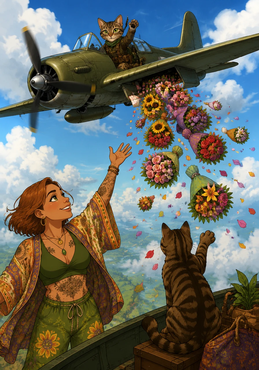As they fly toward the witch's lair, Brycie’s military plane streaks across the clouds, and he releases a cascade of colorful flower bouquets that drift down toward his mother, Colette. Chairman Meow, the cat piloting the plane, waves a paw at Monkey, who meows in acknowledgment from their transport as they cruise through the sky.