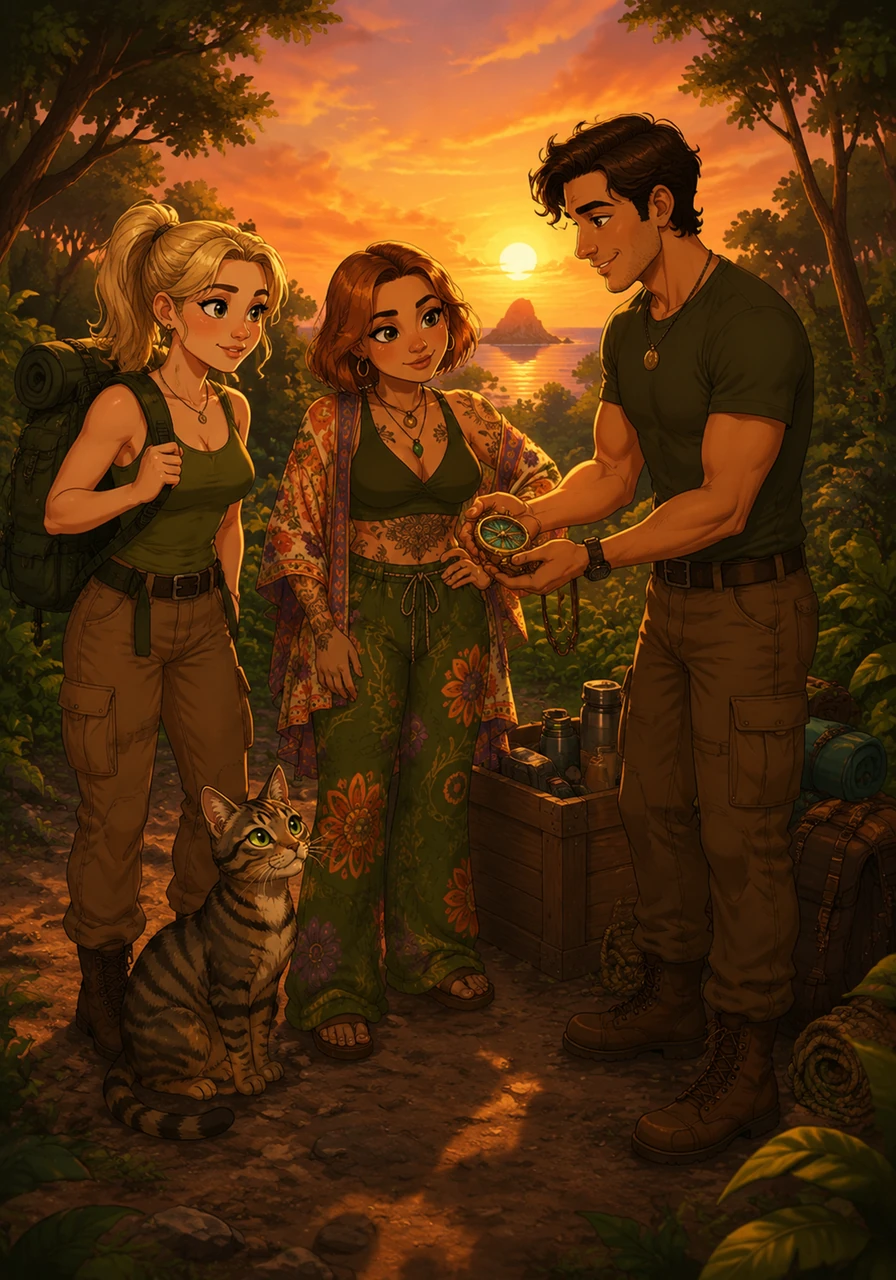 The detectives land in a lush, outdoor clearing where Dianna’s boyfriend, Jordan, is waiting with a crate of supplies. He hands them a special gift to help them on their journey, offering a sweet smile to the three girls. The sun sets behind them, casting a warm glow on the group as they gear up for the final approach to the island.