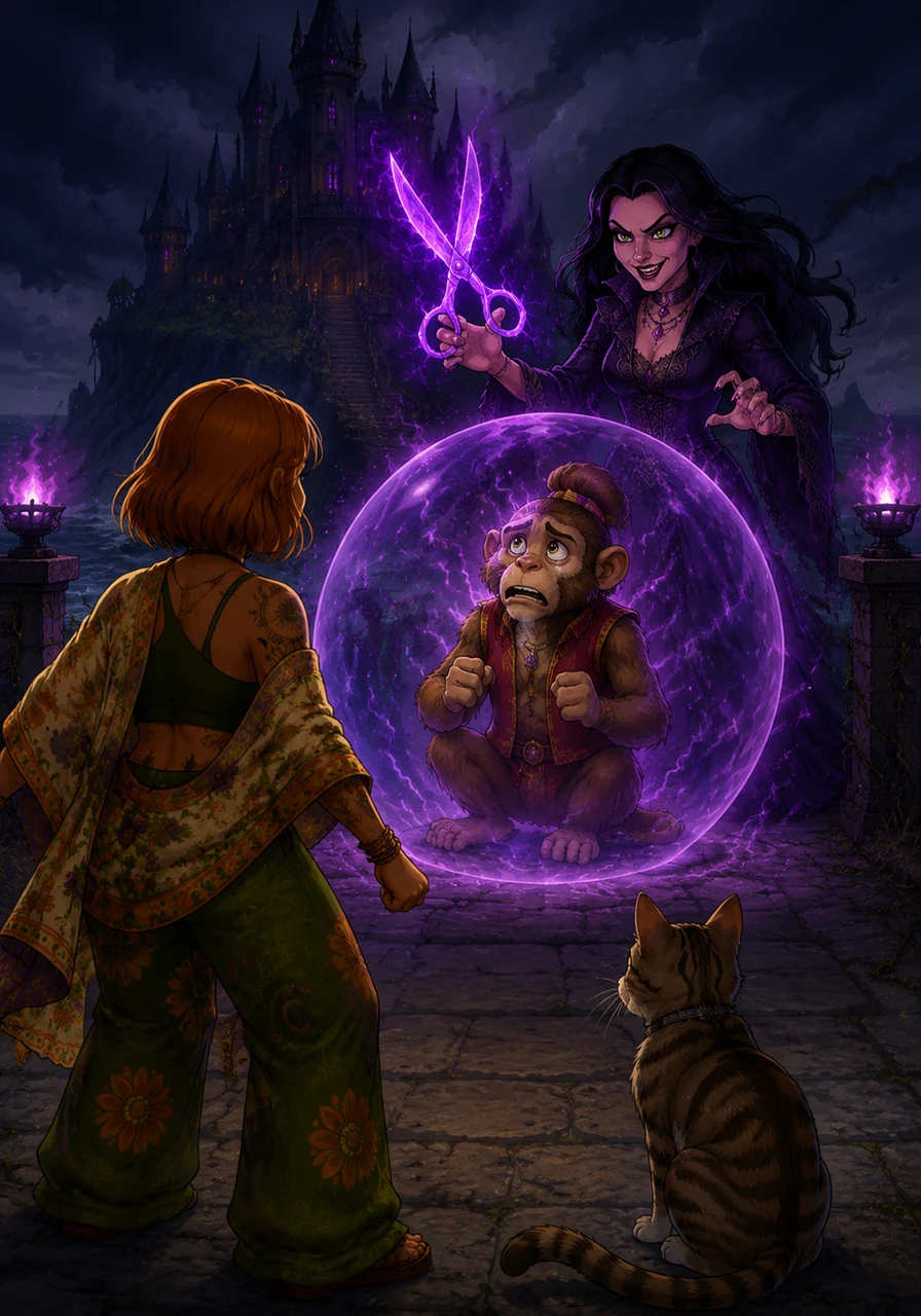 They arrive at the witch’s dark, eerie castle on Man Bun Island, where Momo is trapped in a shimmering, energy-sucking force field. The witch stands over him, holding a pair of enchanted, glowing scissors, ready to chop off his famous hair. Colette and Dianna stand at the entrance, fierce and ready to protect their loved one.