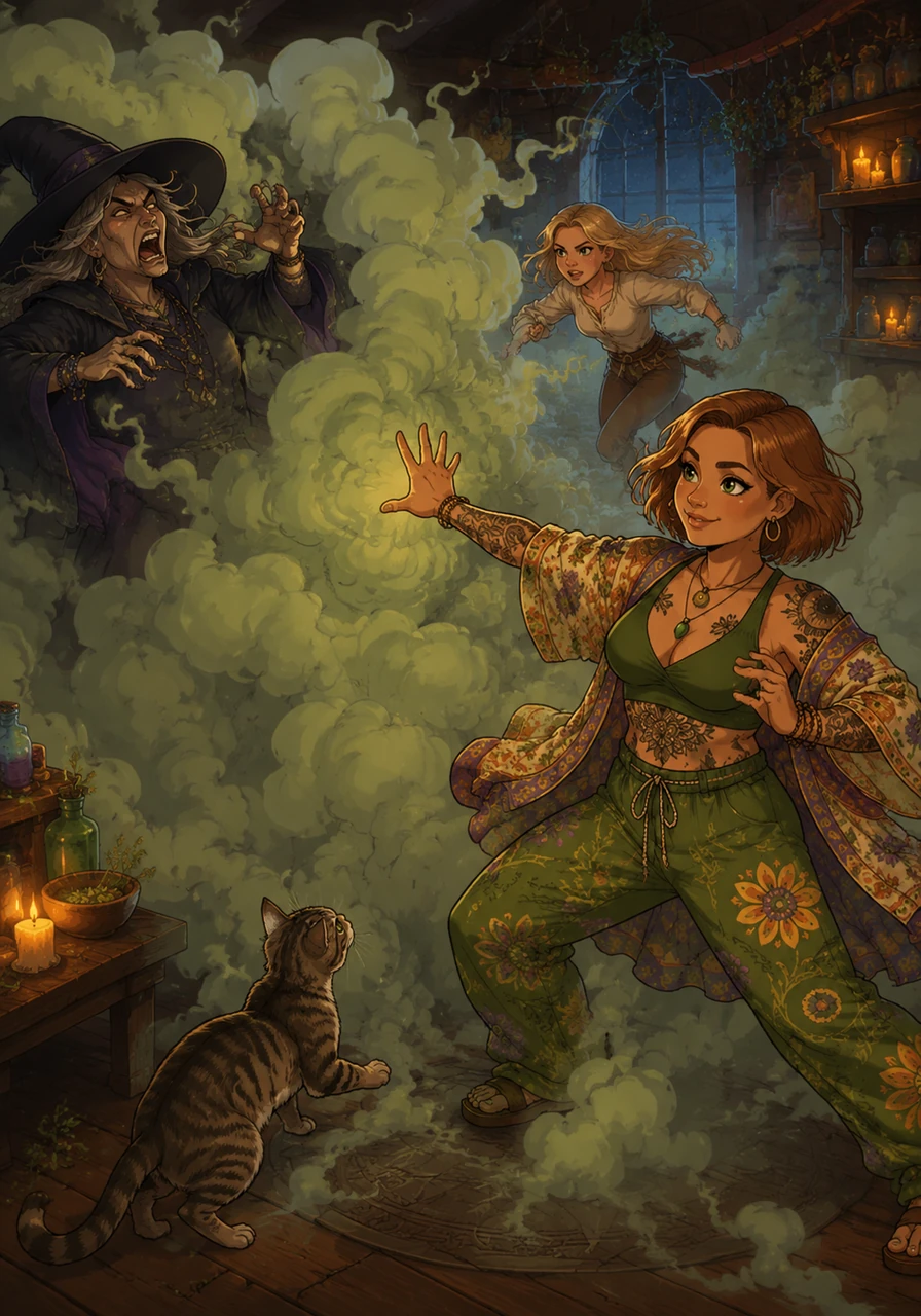 Dianna steps forward, her tattoos visible as she uses her unique power, creating a thick, mystical cloud of smoke that disorients the witch and shields the team. The witch shrieks as the smoke interferes with her dark energy, allowing Colette to dash forward through the haze toward the center of the room.