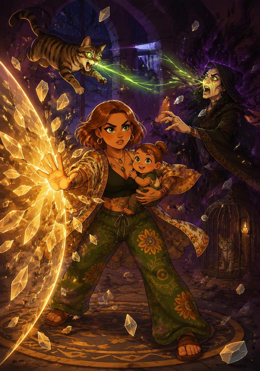 Colette rushes to the center of the chamber, holding Baby Bunbee, whose hair is styled in a perfect little bun. She uses her own super strength to shatter the energy-sucking force field holding Momo captive, while Monkey leaps through the air, his glowing eyes paralyzing the witch’s dark magic.