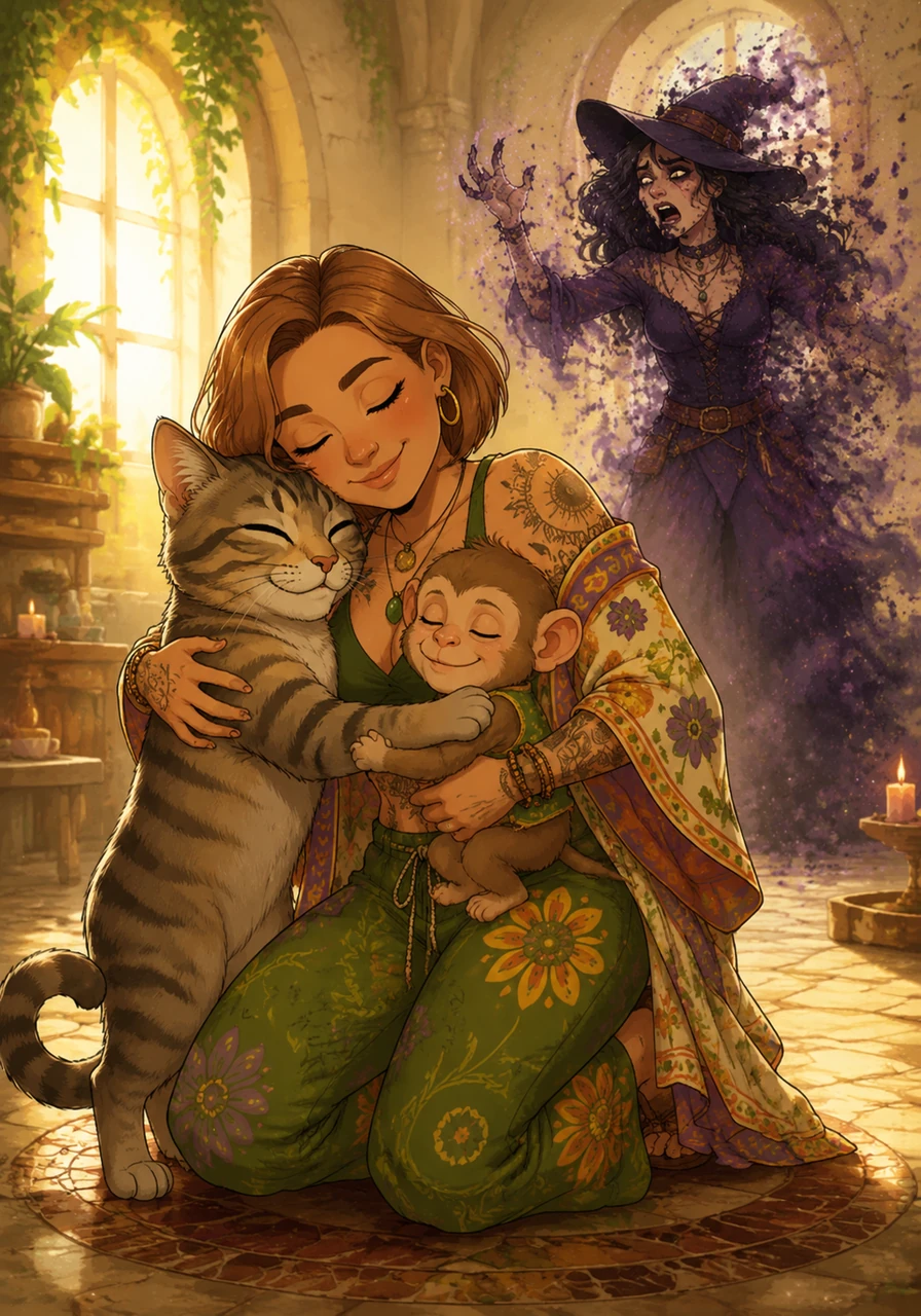 With the force field broken, Momo is free, and he embraces Colette and Baby Bunbee while the witch is defeated and vanishes into thin air. The room brightens significantly as the dark energy dissipates, leaving the family reunited in the center of the chamber.