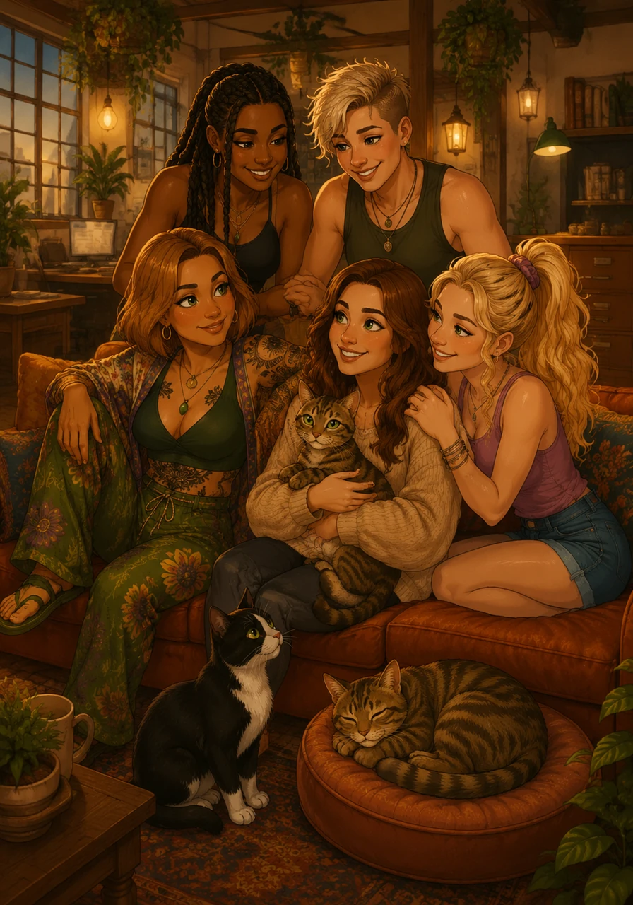 Back at their private detective firm, everyone celebrates their victory with a joyful reunion. Momo, Colette, Dianna, Jordan, Brycie, and their cats gather together, feeling relieved and happy. Monkey curls up contentedly on the sofa, knowing their bond is stronger than any evil witch.