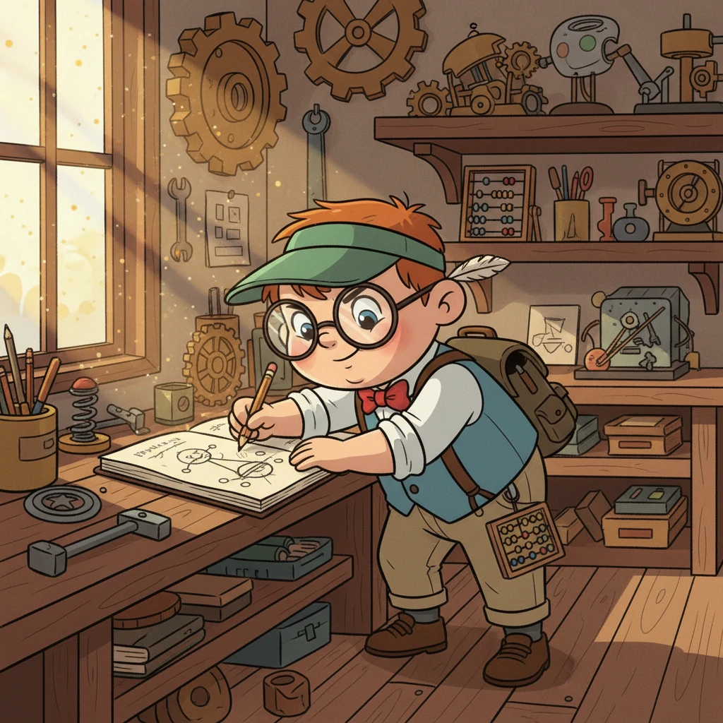 In her cozy, gear-filled workshop, Pip Pennyworth dreamed of understanding the world's wobbly ways. Sparkly dust motes danced in sunbeams as she sketched wild ideas in her giant notebook. Pip believed that even the most mysterious things had a hidden pattern, just waiting to be discovered.