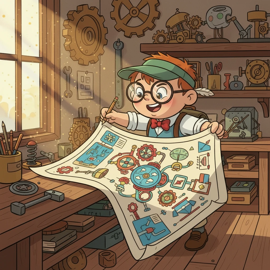 Pip unrolled a grand blueprint, revealing her most ambitious invention yet: the 'Whimsical Trend-Tracker 5000'. It looked like a marvelous contraption of swirling colors and clever gadgets. This machine would help her predict the paths of flying teacups and the flow of giggle-water rivers.