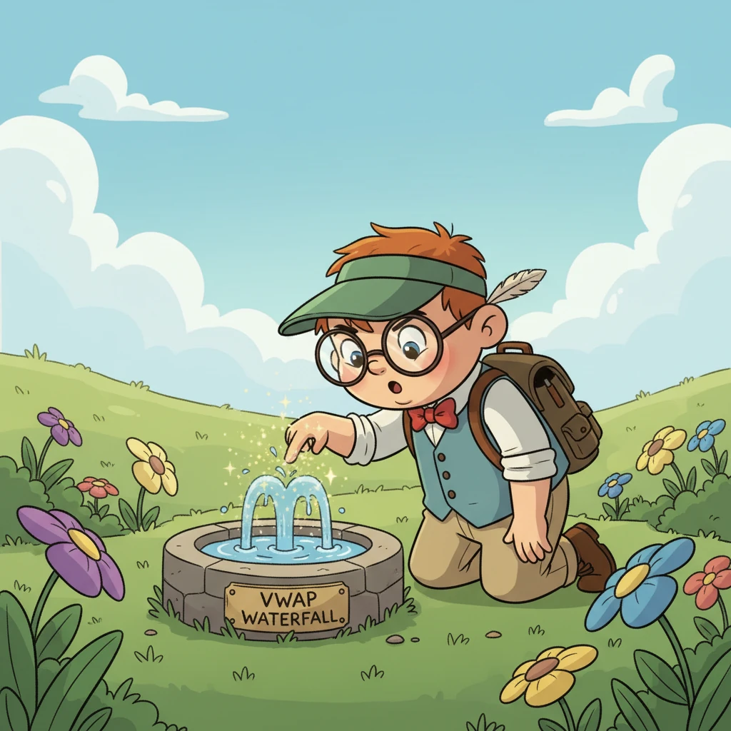 Next came the 'VWAP Waterfall,' a device that measured the average flow of sparkle-dust in the air. It looked like a tiny, bubbling fountain, gently swirling with glittering particles. This helped Pip understand the general 'buzz' of activity in the Magical Meadows.