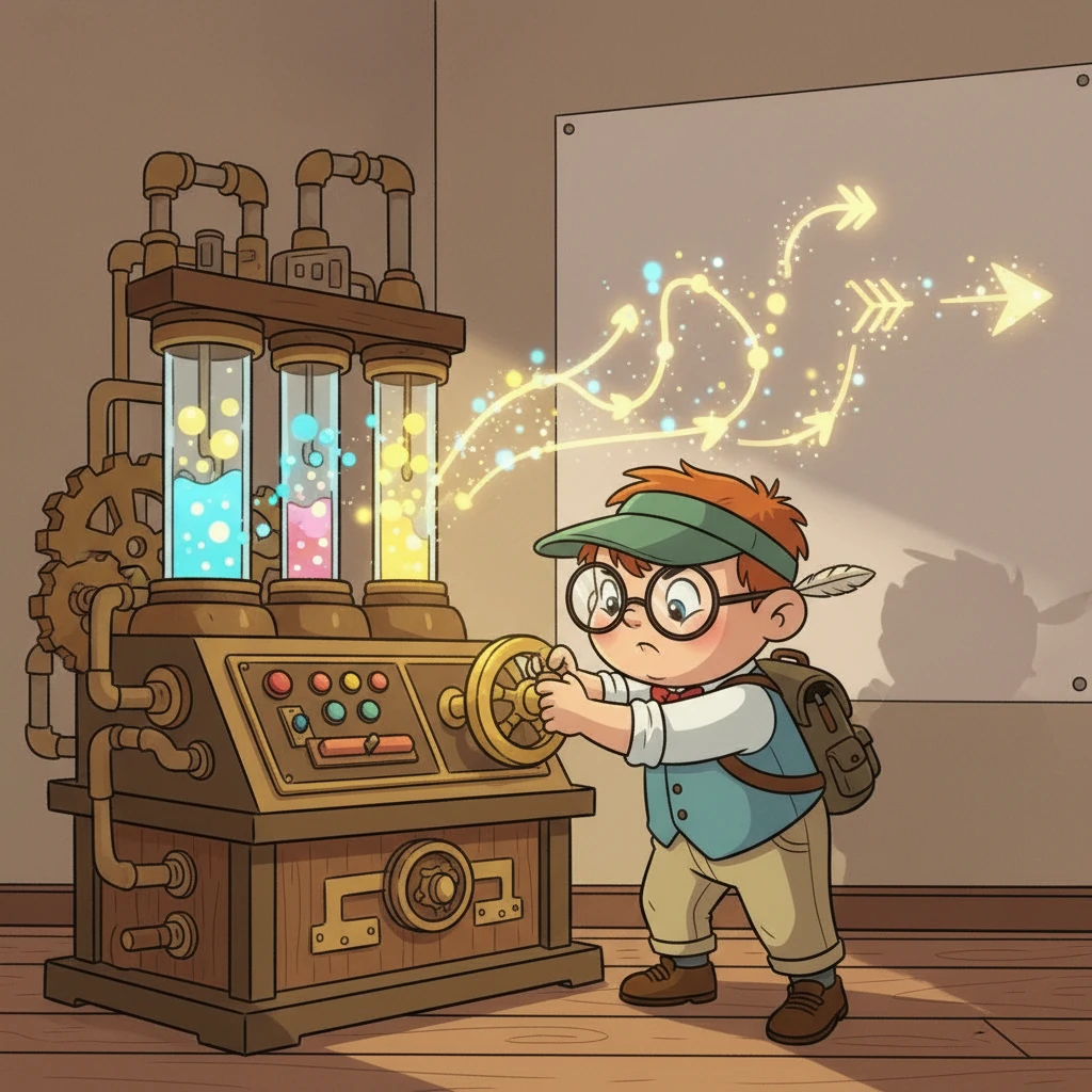 With a final twist of a golden knob, Pip activated her full 'Whimsical Trend-Tracker 5000.' Gears whirred, lights blinked, and the entire machine hummed with vibrant energy. It projected a shimmering, clear path onto the wall, showing her exactly where to go.