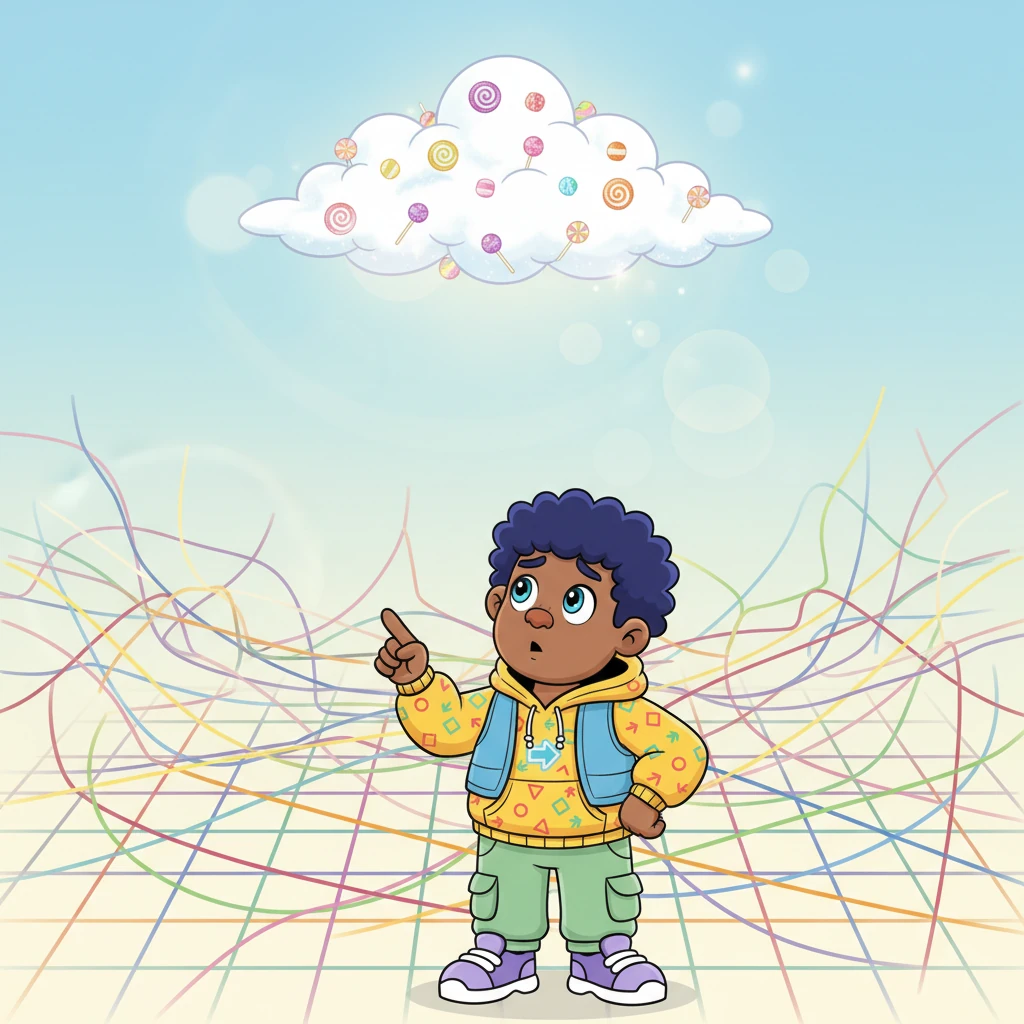 Linus the Line-Explorer stood at the edge of a shimmering, grid-like world, a puzzled look on his exaggeratedly round face. He wanted to reach the sparkling Candy Cloud floating far above, but the paths seemed tangled and confusing. Tiny, colorful lines crisscrossed everywhere, leading to nowhere in particular.