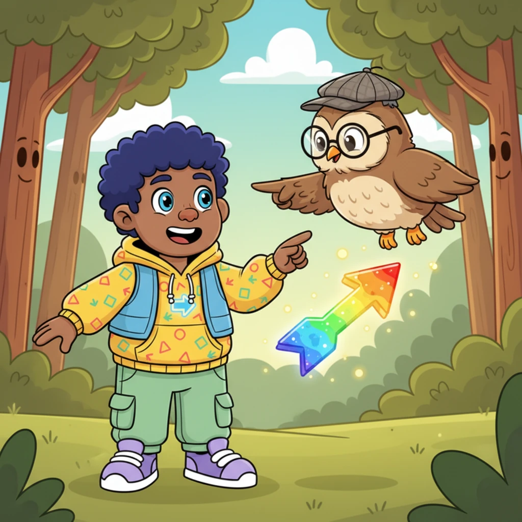 Suddenly, a wise old owl, Professor Vector, glided down with a friendly hoot. He pointed his wing at a bright, glowing arrow. "This, Linus," he chirped, "is a Vector! It tells you exactly which way to go and how far."