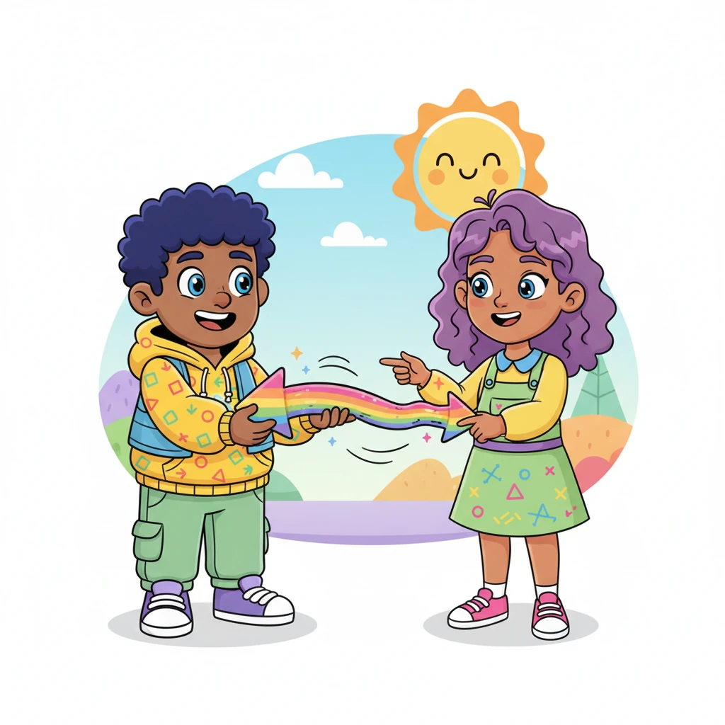 Linus's eyes widened. Professor Vector showed him how to grab the end of the arrow and stretch it longer or shrink it shorter. "See? You can make your journey as long or as short as you need, just by changing its 'scale'!". Linus giggled as the arrow bounced playfully.