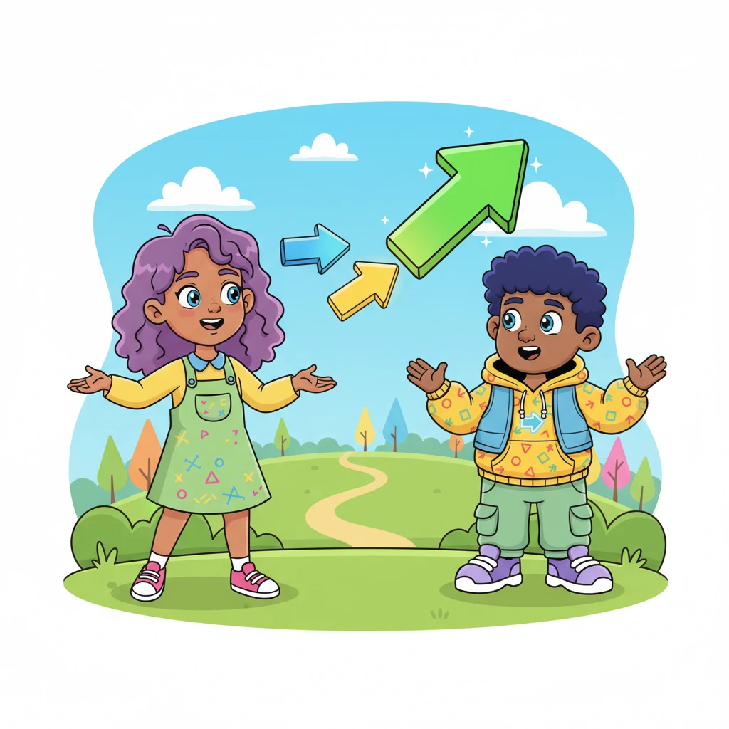 Next, Professor Vector demonstrated how to combine two arrows. "If you follow one arrow, then another, it's like adding them up to find a brand-new path!" Linus watched in amazement as a blue arrow and a yellow arrow magically merged into a vibrant green one, pointing to a new destination.