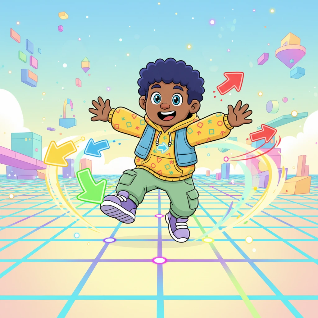 With his new understanding, Linus started to explore. He realized that by combining different arrows, he could reach almost any spot on the shimmering grid. The world opened up, revealing endless possibilities, like a giant, colorful playground of directions.