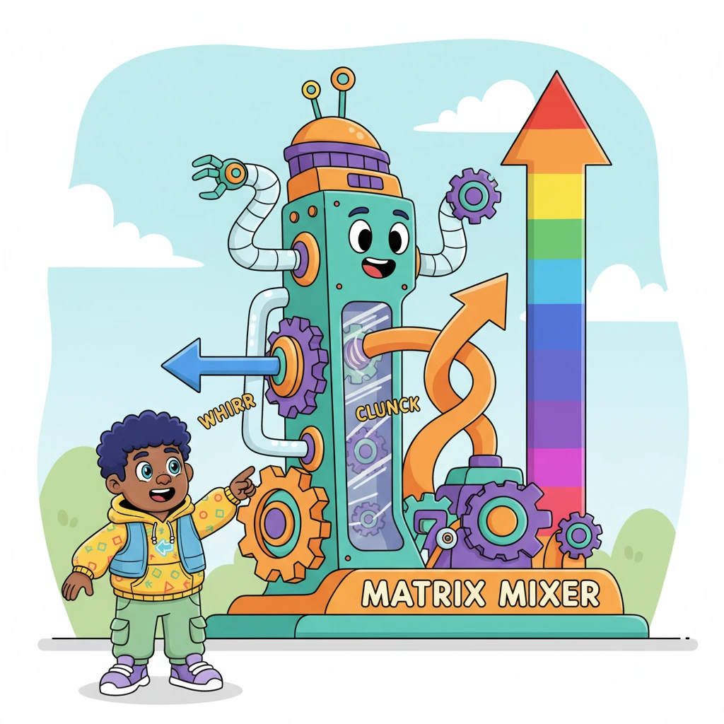 Professor Vector then introduced Linus to a giant, whimsical machine called the 'Matrix Mixer'. With a whir and a clunk, this playful contraption could twist, turn, and reshape any arrow that passed through it. Linus watched in awe as straight lines became curvy, and small arrows grew tall.