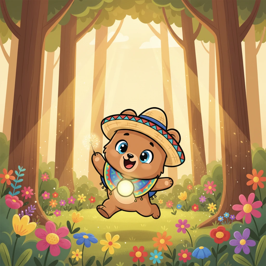 En un bosque lleno de árboles altos y flores de mil colores, vivía un pequeño osito llamado Nico. Cada mañana, al despertar, sentía una luz cálida y brillante que le llenaba el corazón de alegría, haciéndole sonreír antes de salir a jugar.