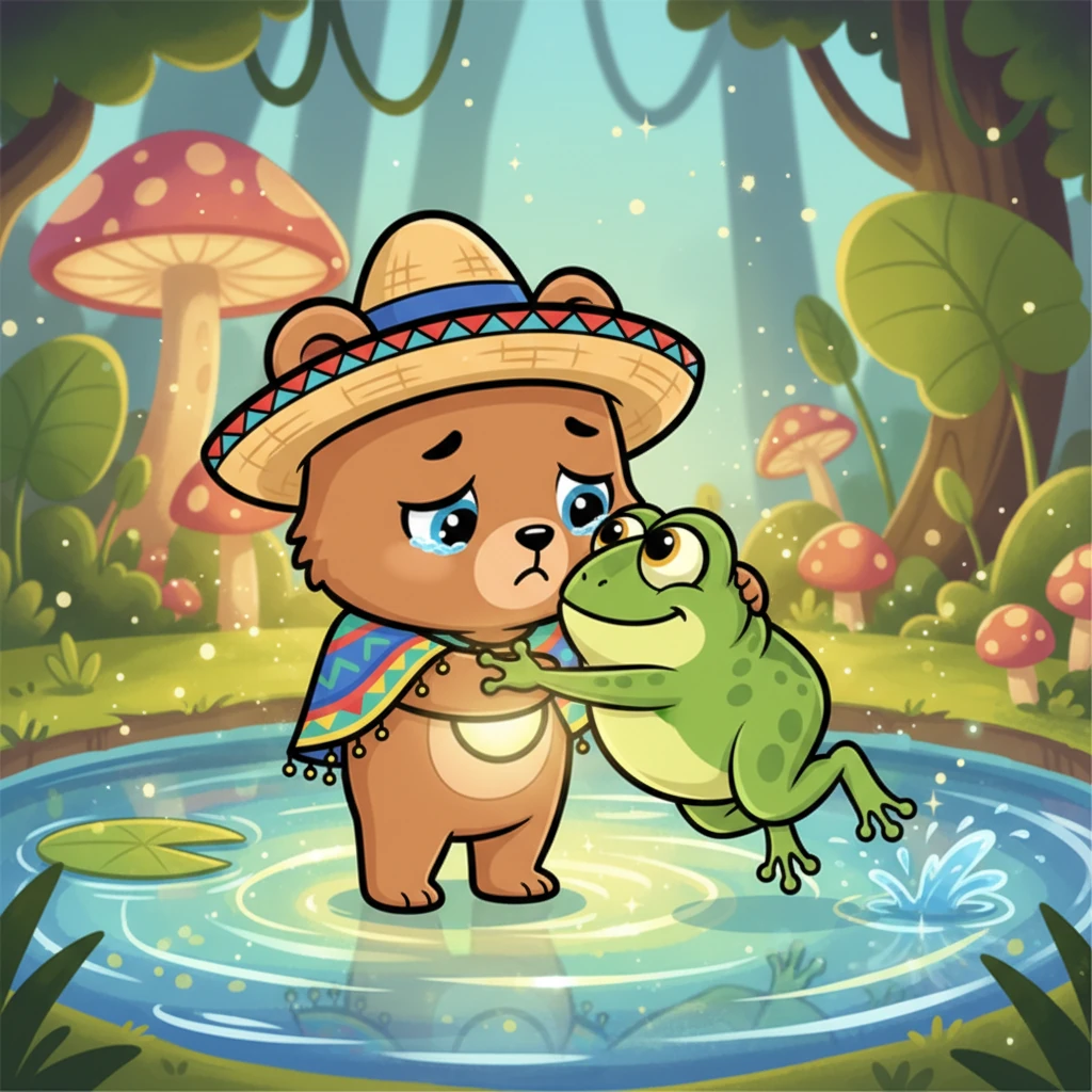 Nico continuó su camino y llegó a un estanque brillante, donde una rana verde con ojos saltones lo observaba. La rana, al ver la pena del osito, saltó ágilmente y le dio un abrazo apretado con sus patitas, lleno de cariño.