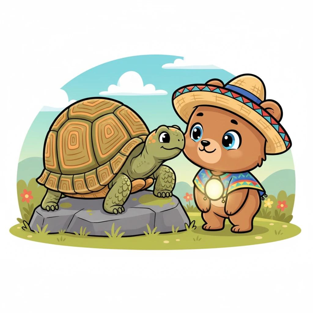 Más adelante, Nico encontró a una sabia tortuga que tomaba el sol en una roca. La tortuga, con su caparazón lleno de patrones, le dedicó una palabra amable y reconfortante, susurrándole al oído que siempre hay motivos para sonreír.