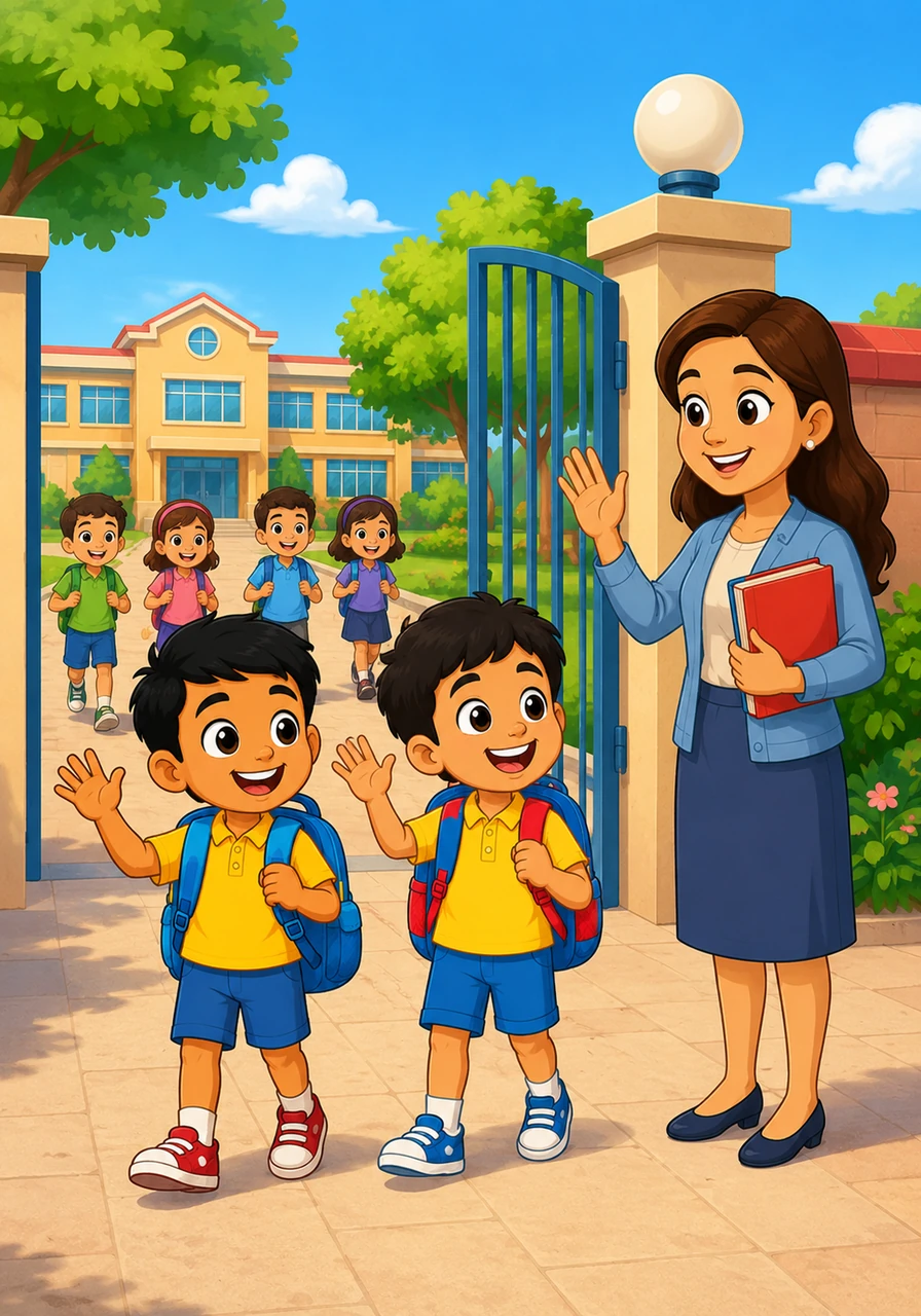Ahmes and Akram arrive at the bright school gates with big backpacks and even bigger smiles. They wave hello to their teacher and get ready for a day full of learning and laughter with all their friends.