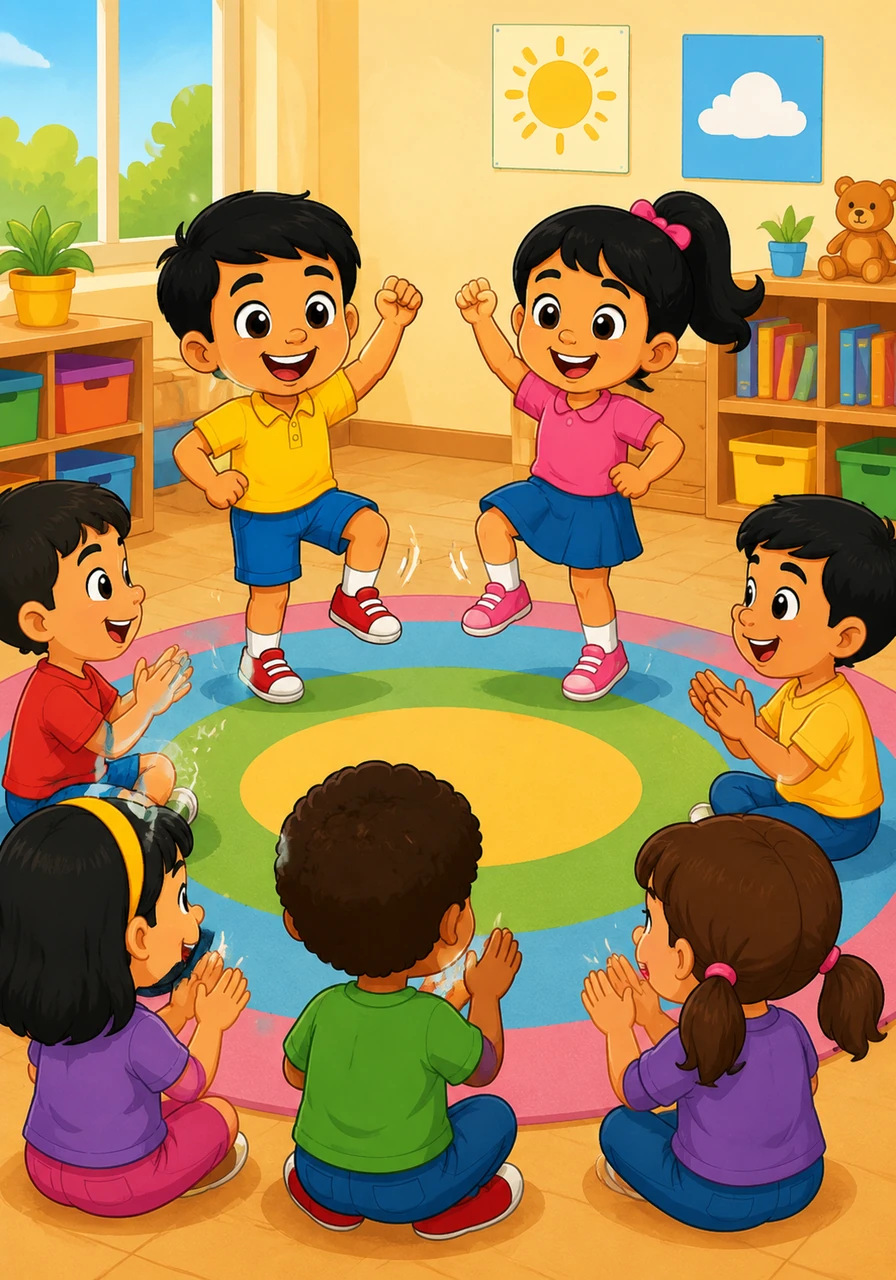 Inside the sunny classroom, Alaa and Ayla lead the morning circle with a happy dance. Everyone claps their hands and stomps their feet as they start their wonderful school adventure together.