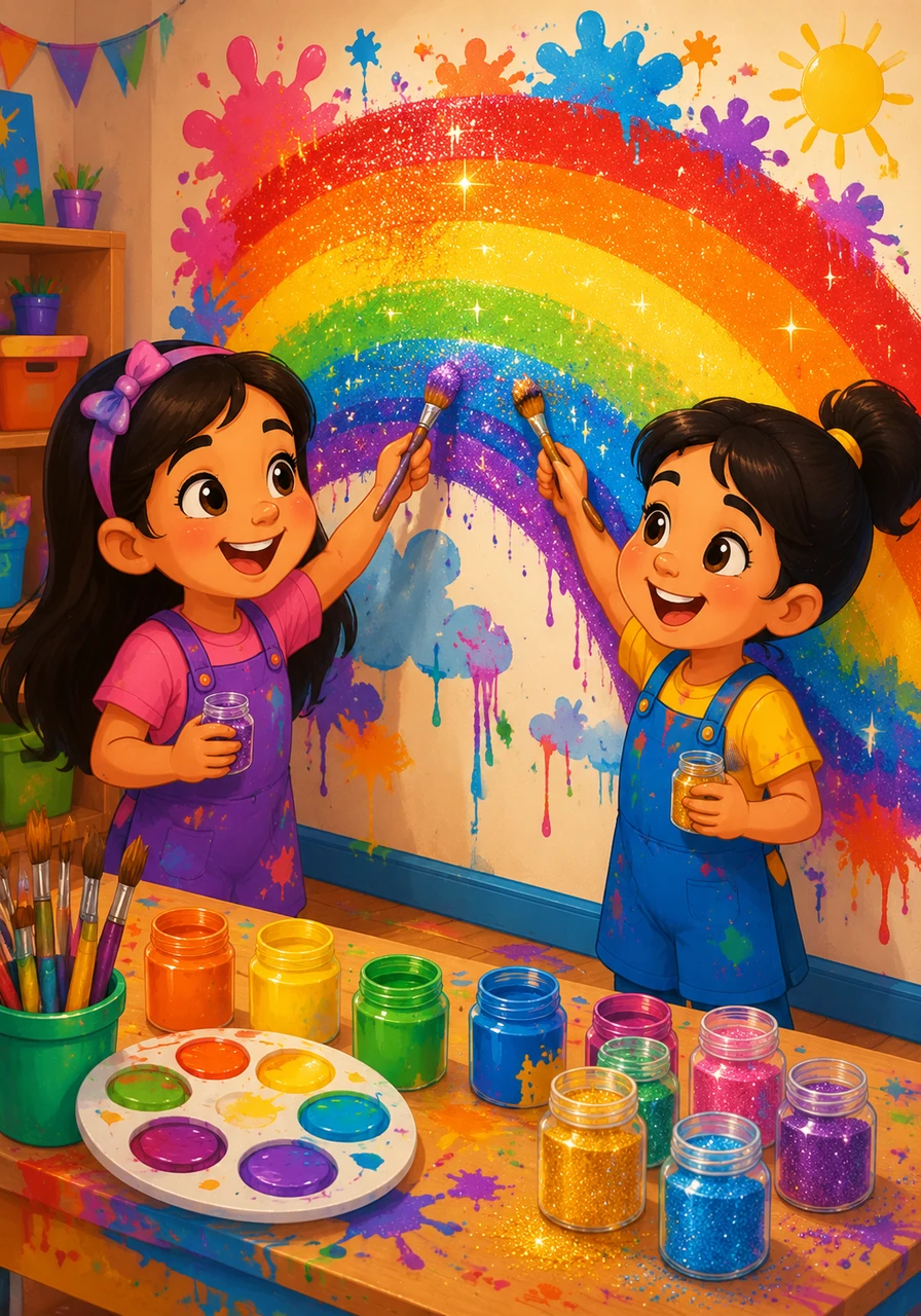 In the art corner, Farida and Hana use sparkly glitter and bright paints to create a giant rainbow mural. They laugh as they discover that making art is even more fun when you do it with a best friend.