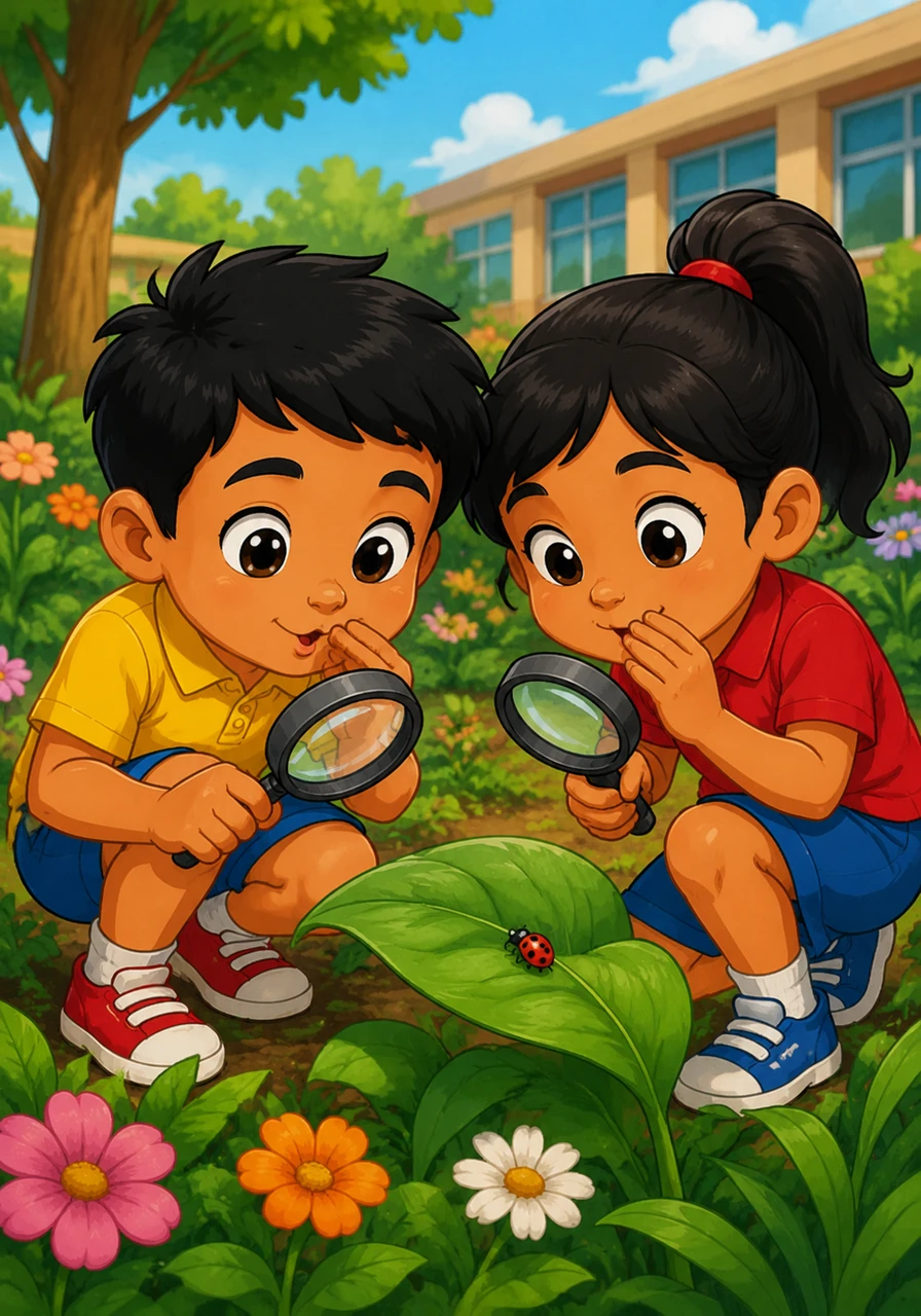 Haya and Hilda explore the school garden with magnifying glasses held tight in their hands. They find a tiny, spotted ladybug resting on a green leaf and whisper a quiet hello to their new little friend.