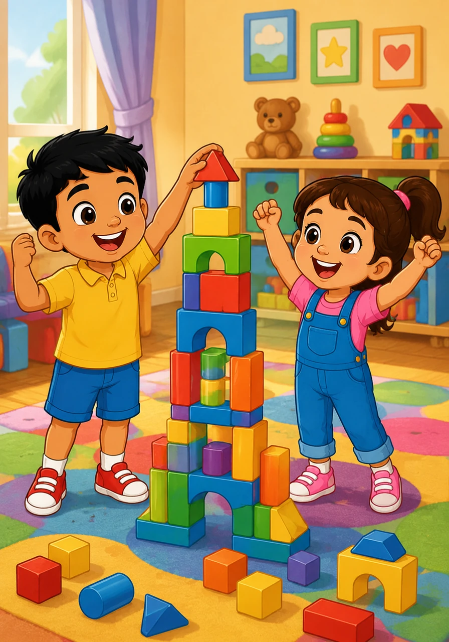 Hour and Kayla work together to build a magnificent tower out of colorful wooden blocks in the play area. They balance the very last piece on top and cheer loudly when the tower stays perfectly still.