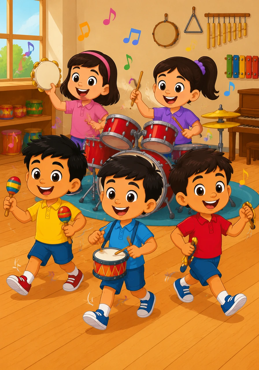 The music room is filled with joy as Lina and Maria play the tambourine and the drums. Their rhythmic beats make the whole class want to jump up and march in a happy music parade.