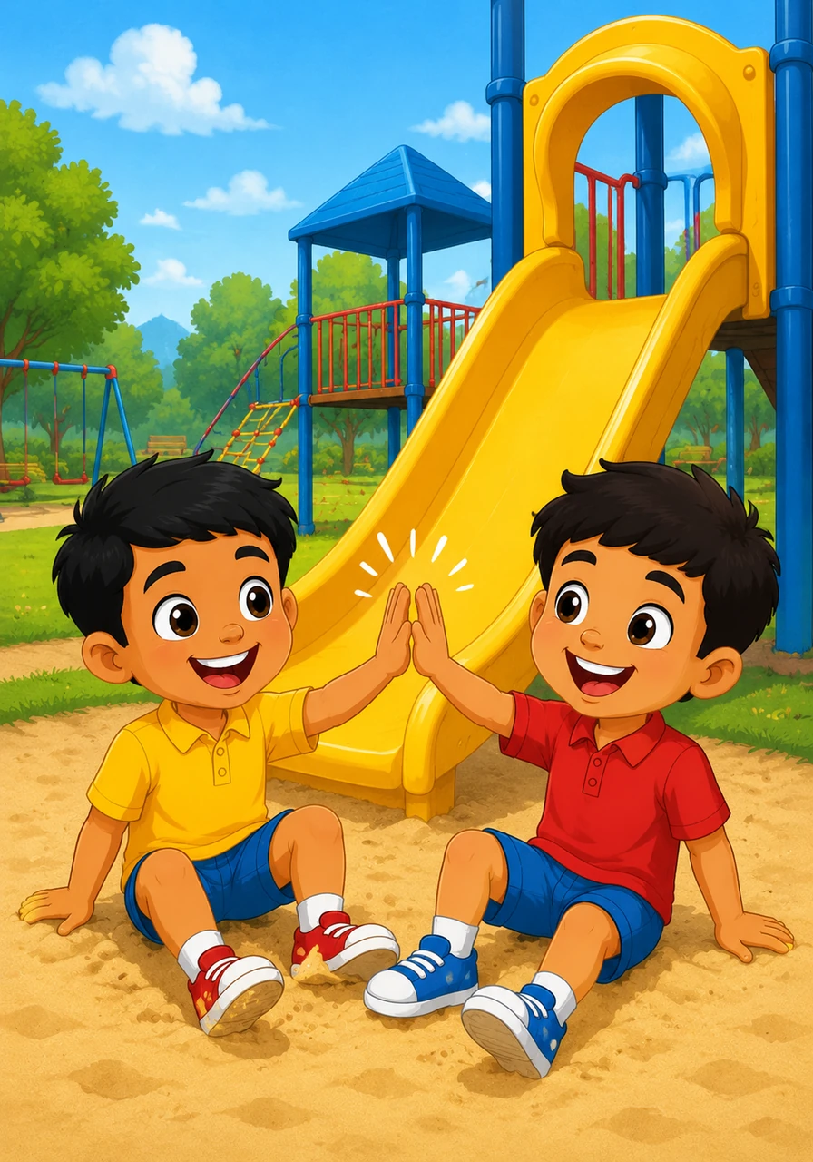 Out on the green playground, Mohamed and Murad race each other to the big yellow slide. They take turns sliding down and landing in the soft sand with a giant giggle and a high-five.
