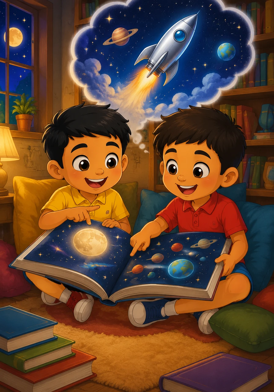 Selim and Soliman sit together in the cozy library corner, turning the pages of a giant book about stars and planets. They point at the glowing moon and dream of one day flying in a silver rocket ship.