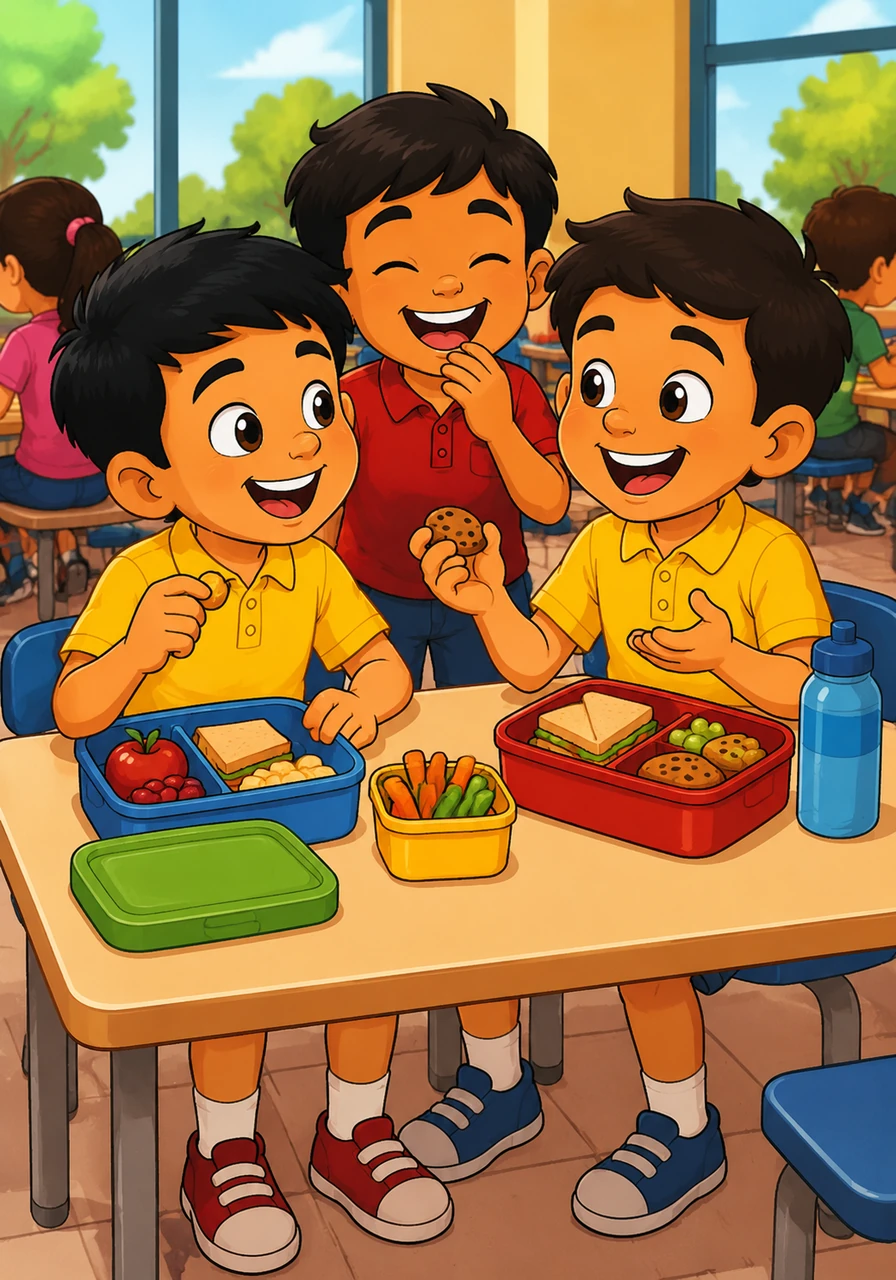 At the lunch table, Yassin Shaker and Yassin Mahmoud share their snacks and tell the funniest jokes. Their laughter fills the room as they enjoy their delicious meal side by side in the cafeteria.