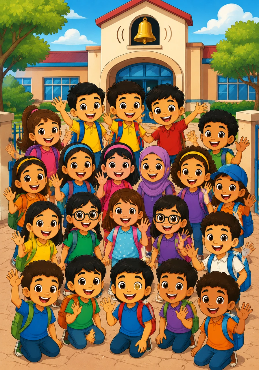 As the school bell rings, all eighteen friends gather together for one last group cheer. Ahmes, Akram, Alaa, Ayla, Farida, Hana, Haya, Hilda, Hour, Kayla, Lina, Maria, Mohamed, Murad, Selim, Soliman, and both Yassins wave goodbye, excited for more fun tomorrow.