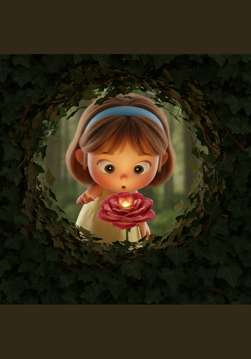 Deep within a cluster of ivy, Lily spotted a rose unlike any other, its petals shimmering with a soft, ethereal crimson glow. As she leaned in to breathe its scent, the flower gently unfurled, revealing a heart of pure golden light.