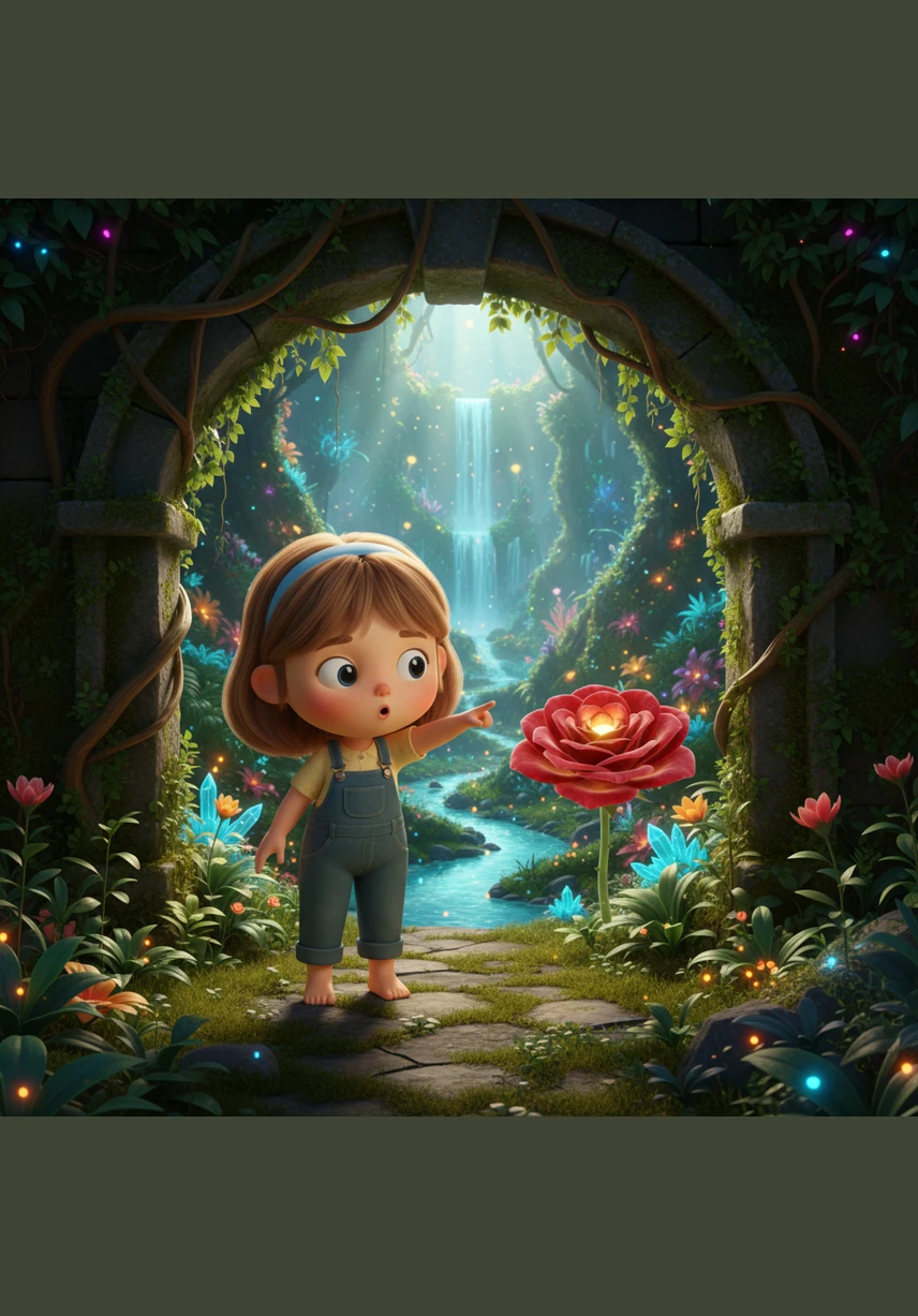 Shimmering stone arches draped in glowing moss rose from the earth, revealing a path that hadn't been there a moment ago. The ordinary garden was transforming into a breathtaking landscape of floating lanterns and crystalline fountains.
