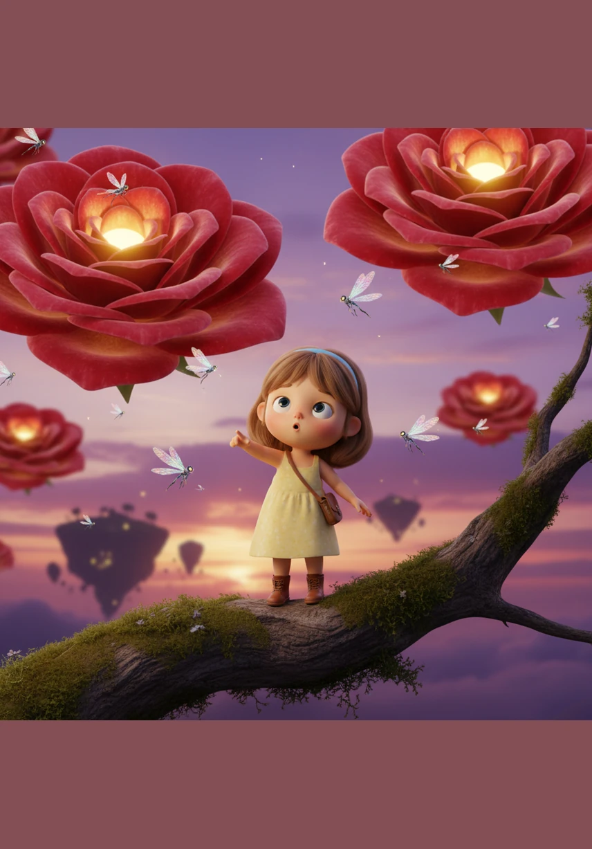 High above, Lily saw tiny, translucent creatures with wings like dragonflies darting between the oversized flowers. Far off in the distance, the silhouettes of floating islands drifted across a sky painted in shades of violet and gold.