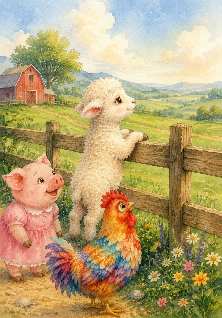 Libby the Lamb lived on a cheerful green farm, but her heart was full of a big, curious question she just couldn't ignore. She stood by the wooden fence, looking out at the horizon and dreaming of an adventure beyond the grazing fields.