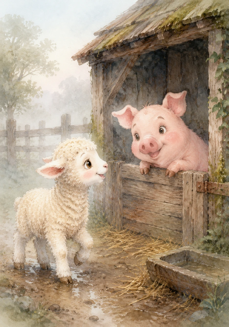 Her journey led her to a mysterious pig sty draped in soft morning mist. There she met a friendly pig named Pearl, who looked up with a curious tilt of her head as Libby approached through the haze.