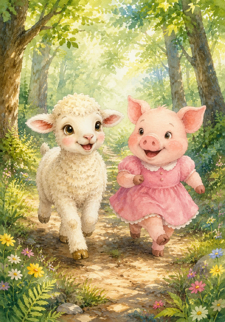 Libby and Pearl trotted side-by-side through a lush, sun-dappled forest, their spirits high and smiles wide. The trees seemed to whisper encouragement as the two new companions ventured deeper into the woods together.