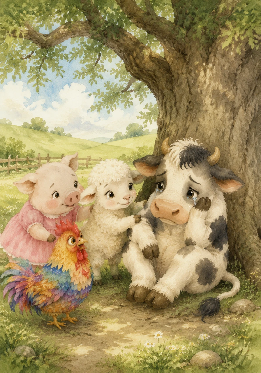 The happy mood changed when they found Kevin the cow sitting under a large oak tree, looking very sad and shedding a few tears. Libby and Pearl hurried over to comfort him, wondering what could be bothering their spotted friend.