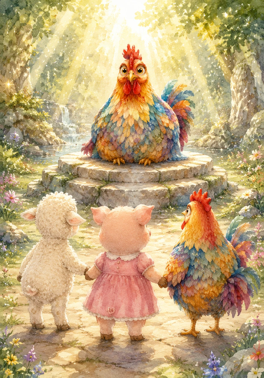 Libby, Pearl, and Kevin traveled together across the grand landscape, moving hand in hand and hoof in hoof. They finally reached a sparkling clearing where the legendary Carlos the Chicken sat, looking magnificent and wise.