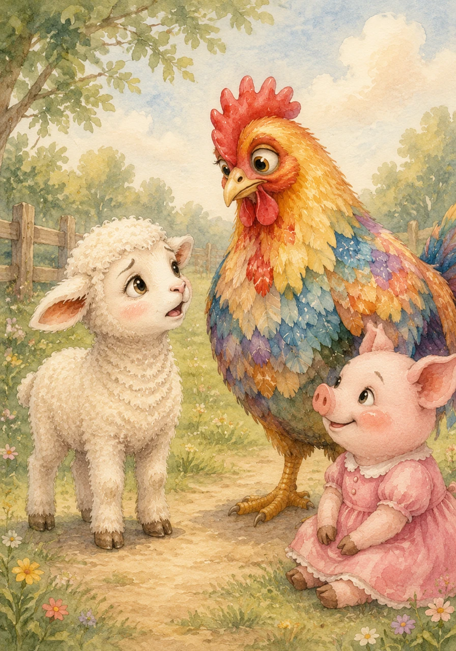 Though she had found the magical chicken, Libby looked around with a hint of sadness and asked Carlos why she couldn't find any friends. Carlos looked down at her with kind, wide eyes and smiled at the little lamb's confusion.