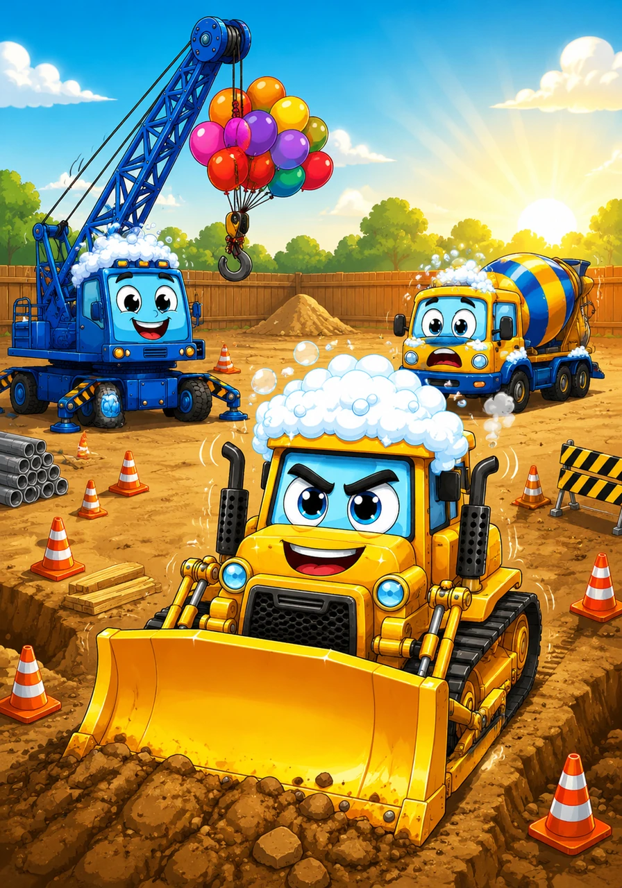 Buster the Bulldozer woke up with a rumble and a roar, ready for a very serious day of digging. The construction site was perfectly quiet, with every tool and traffic cone exactly where it belonged.