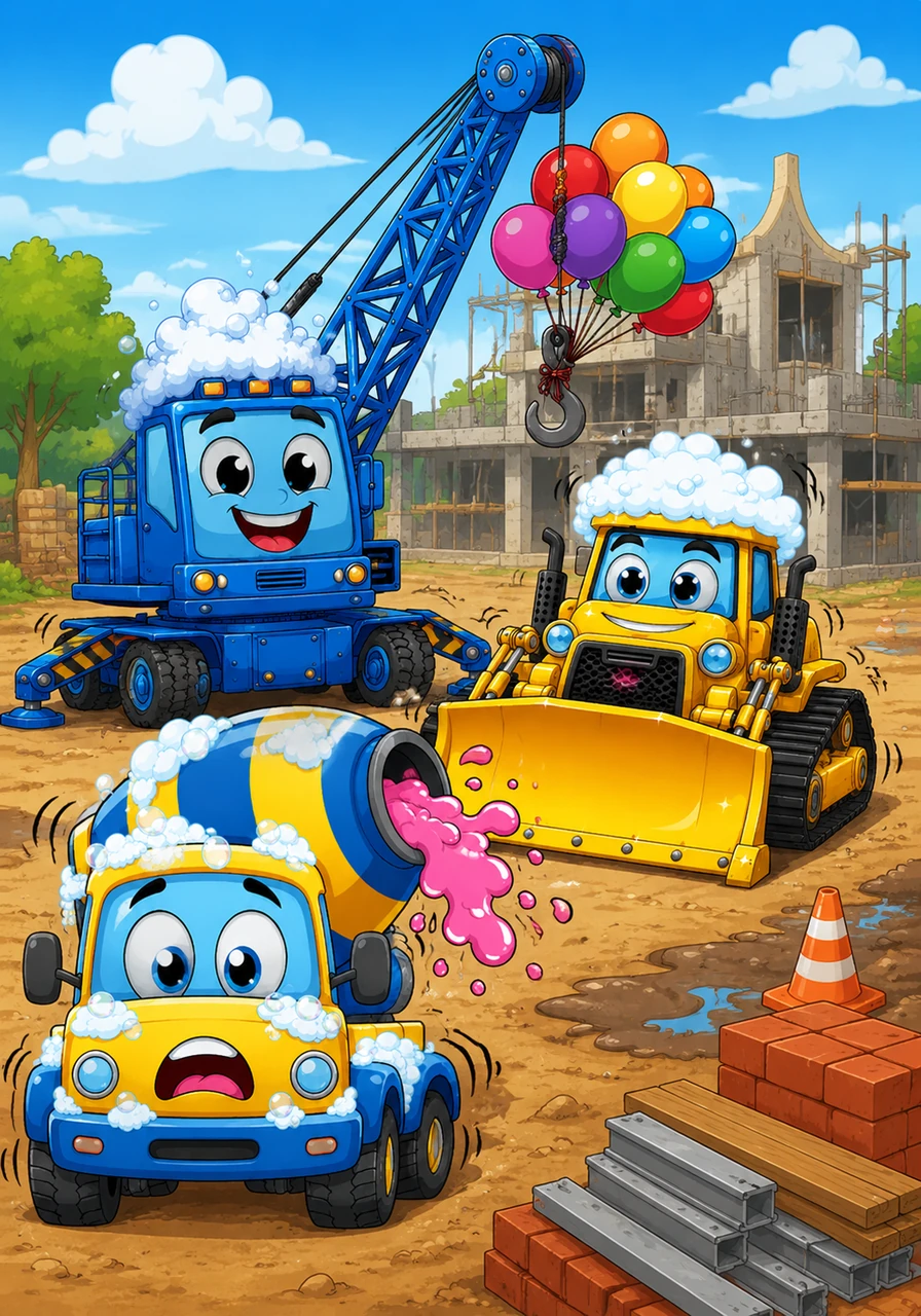 Soon, the rest of the crew rolled in, including Big Blue the Crane and Tiny the Cement Mixer. They were supposed to build a new library, but today, the trucks felt a little bit too wiggly and silly to follow the blue-prints.
