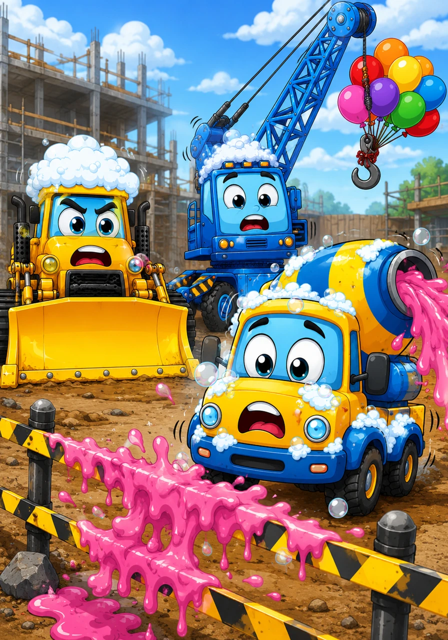 The mayhem began when Tiny the Cement Mixer got a sudden case of the hiccups. With every loud hiccup, a giant glob of bright pink, bubblegum-scented cement splattered across the shiny yellow caution tape.