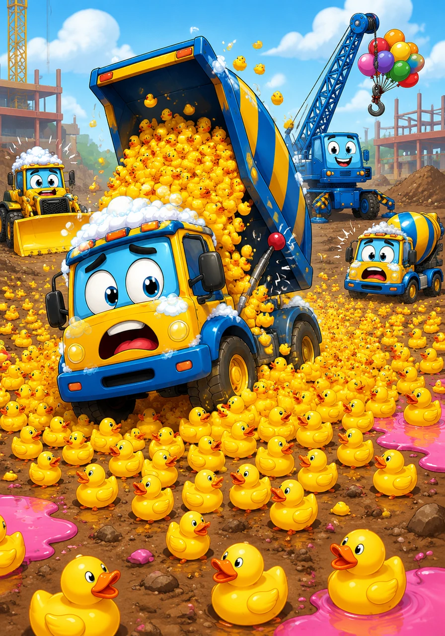 Grumpy Gus the Dump Truck tried to swerve away from the pink puddles, but his lever got stuck in the confusion. Instead of heavy gravel, he accidentally dumped a thousand squeaky yellow rubber ducks all over the dirt.