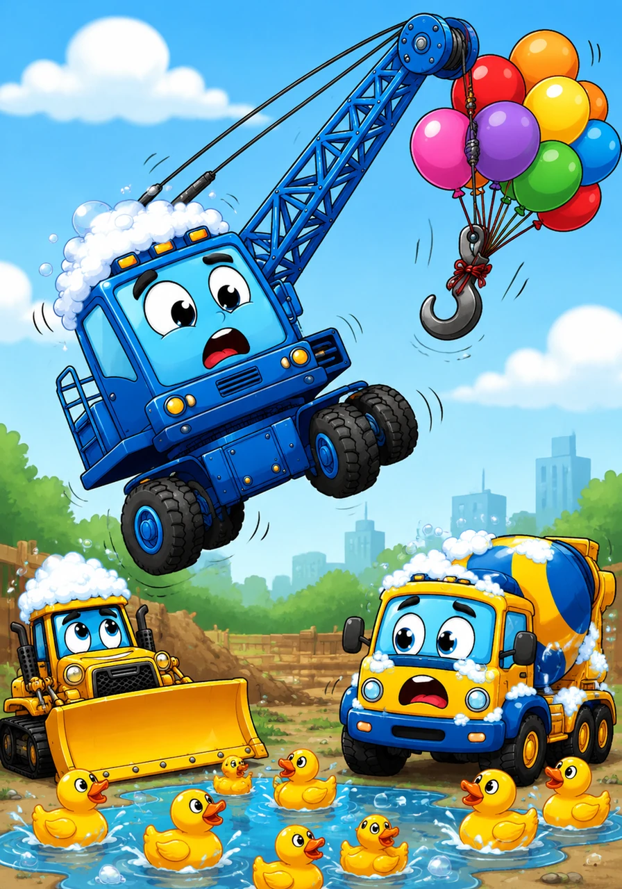 Big Blue the Crane tried to help by scooping up the ducks, but his hook got tangled in a stray bunch of party balloons. Suddenly, his back wheels lifted off the ground as he began to bob up and down like a giant metal toy.