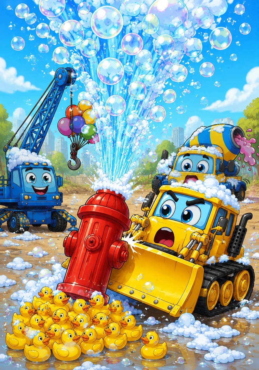 Buster rushed over to push the ducks into a neat pile, but he accidentally bumped into a giant fire hydrant. A massive spray of water shot into the air, mixing with Tiny’s special cement to create millions of shimmering bubbles.
