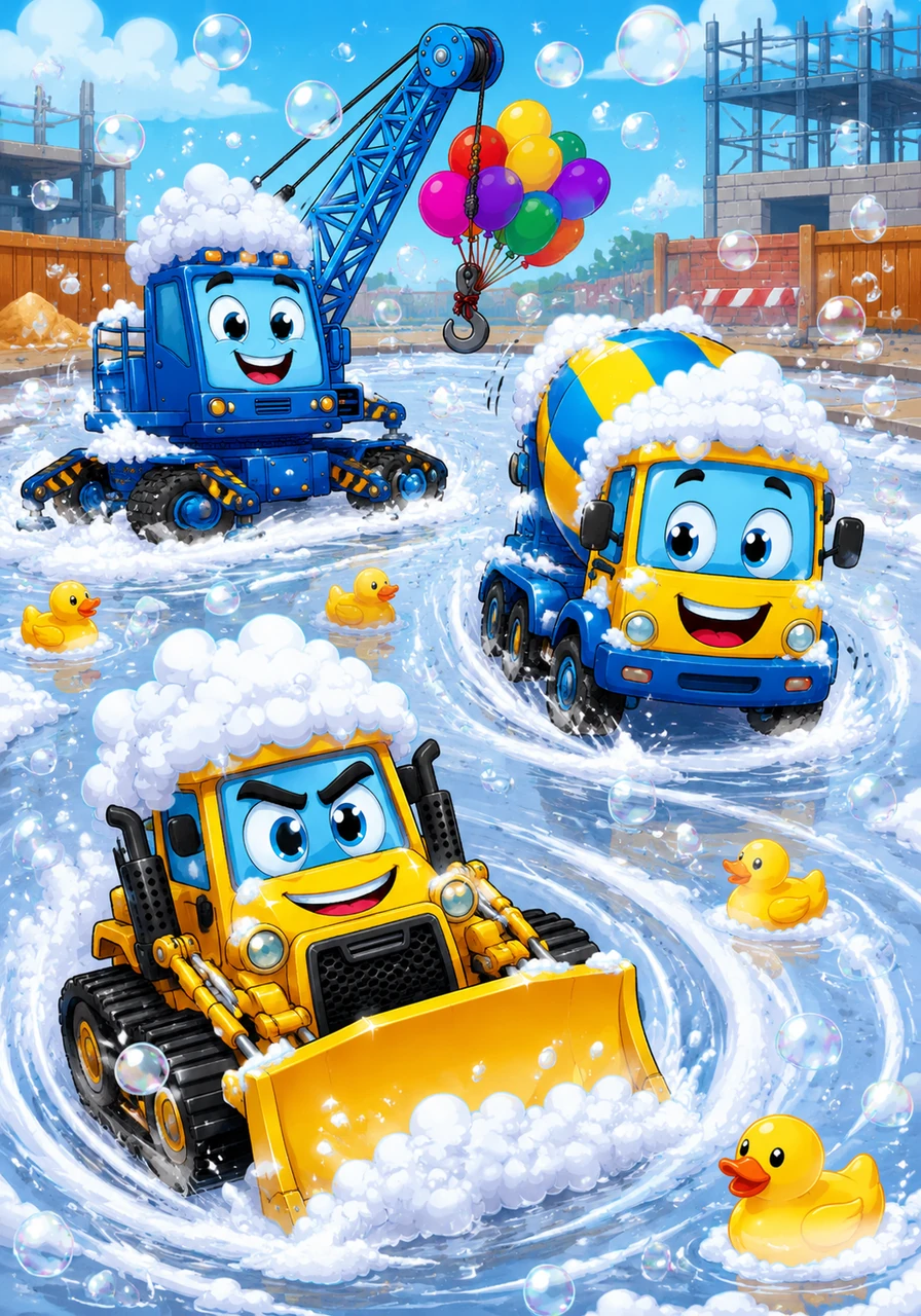 The construction site quickly turned into a giant, sudsy slip-and-slide. The trucks zoomed around on their tires, spinning in circles and wearing hats made of white foam while the rubber ducks floated past them.